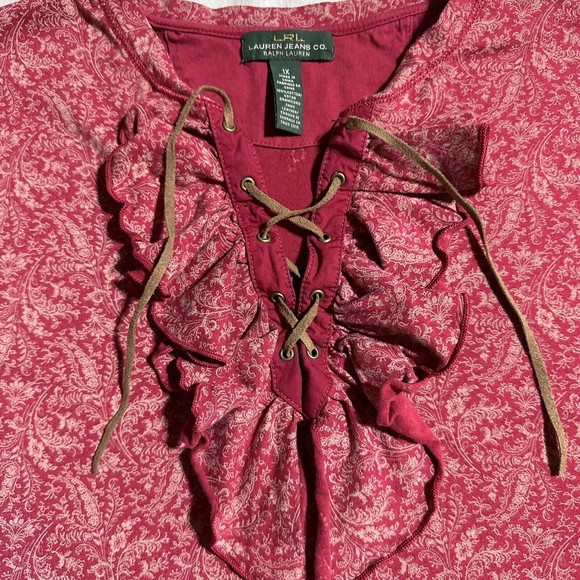 LRL Lauren Jeans Co Red Floral 3/4 Sleeve Lace Up Top Ruffle Women’s Size 1X - Picture 2 of 9